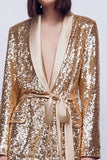 Sparkly Gold 2 Piece Sequined Women Prom Suits with Sash
