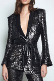 2 Piece Black Sparkly Sequins Women Prom Suits with Sash