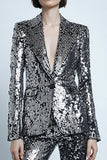 2 Piece Sparkly Silver Gray Sequins Flare Women Prom Suits with Pockets