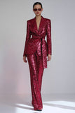 Sparkly Fitted Red 2 Piece Sequins Women Prom Suits with Sash