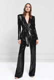 Sparkly Black Sequins 2 Piece Fitted Women Prom Suits with Sash
