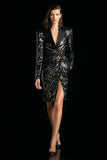Sparkly Black Peak Lapel Sequins Pencil Women Blazer Dress with Slit