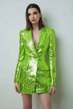 Sparkly Fluorescent Green Bodycon Peak Lapel Short Women Blazer