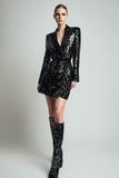 Sparkly Black Sequins Bodycon Short Peak Lapel Women Blazer