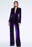 2 Piece Velvet Dark Purple Peak Lapel Business Suits with Pockets