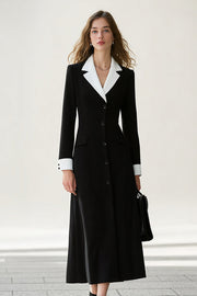 Black and White Notched Lapel A Line One Piece Long Blazer Dress