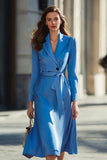 Blue A Line Midi Notched Lapel Blazer Dress with Sash