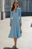Leely Women Sky Blue Satin Midi Blazer Dress A Line Shawl Lapel Long Sleeves One Button Work Dress