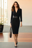 Black Pencil Shawl Lapel Long Sleeves Midi Blazer Dress with Belt