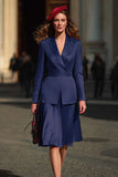 Navy 2 Piece Notched Lapel Midi Business Suits with Belt