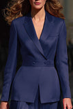 Navy 2 Piece Notched Lapel Midi Business Suits with Belt
