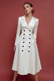 Midi Ivory Satin A Line Double Breasted Notched Lapel Blazer Dress