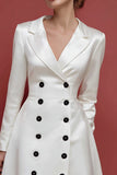 Midi Ivory Satin A Line Double Breasted Notched Lapel Blazer Dress