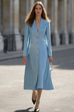 One Piece Sky Blue A Line Satin Peak Lapel Long Blazer Dress