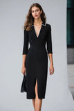 Black Midi Pencil Collar Neck Work Dress with Slit
