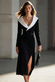 Long Black and White Pencil Shawl Lapel Blazer Dress with Sash