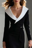 Long Black and White Pencil Shawl Lapel Blazer Dress with Sash