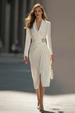 Ivory Satin Pencil Shawl Lapel Midi Blazer Dress with Belt
