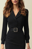 Midi Black Satin Pencil Blazer Dress with Belt