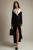 Black and White Satin Notched Lapel Long Blazer Dress with Slit