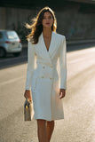 Ivory Pencil Satin Double Breasted Midi Blazer Dress with Sleeves