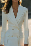 Ivory Pencil Satin Double Breasted Midi Blazer Dress with Sleeves