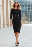 Black Boat Neck 3/4 Sleeves Pencil Midi Work Dress with Belt