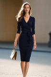 Navy Satin Pencil Half Sleeves Midi Work Dress with Sash