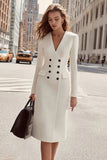 Midi Ivory Satin Double Breasted V-Neck Blazer Dress with Sleeves
