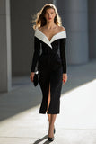 Midi Black and White Off the Shoulder Pencil Work Dress with Belt