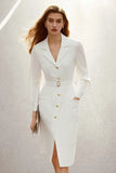 Midi Ivory Satin Pencil Notched Lapel Blazer Dress with Pockets
