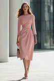 Pink Satin Pencil Round Neck Ruched Midi Work Dress with Sleeves