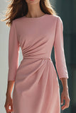 Pink Satin Pencil Round Neck Ruched Midi Work Dress with Sleeves