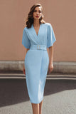 Sky Blue Satin Sheath Midi Short Sleeves Work Dress with Belt