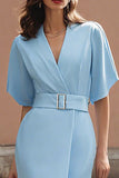 Sky Blue Satin Sheath Midi Short Sleeves Work Dress with Belt