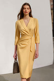 Midi Yellow Satin Pencil Shawl Lapel Work Dress with Sash