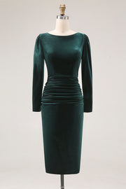 Dark Green Velvet Bodycon Ruched Midi Holiday Party Dress