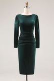 Dark Green Velvet Bodycon Boat Neck Midi Holiday Party Dress with Sleeves