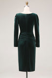 Dark Green Velvet Bodycon Boat Neck Midi Holiday Party Dress with Sleeves