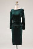 Dark Green Velvet Bodycon Ruched Midi Holiday Party Dress