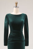 Dark Green Velvet Bodycon Ruched Midi Holiday Party Dress