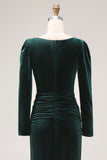 Dark Green Velvet Bodycon Ruched Midi Holiday Party Dress