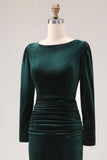 Dark Green Velvet Bodycon Ruched Midi Holiday Party Dress