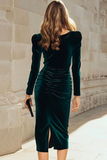Dark Navy Velvet Bodycon Midi Holiday Party Dress with Sleeves