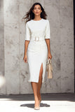 Ivory Satin Pencil Round Neck Half Sleeves Midi Work Dress with Slit