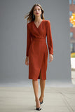 Midi Terracotta V-Neck Pencil Satin Work Dress with Slit