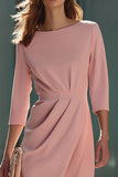 Pink Midi Pencil 3/4 Sleeves Ruched Work Dress with Slit