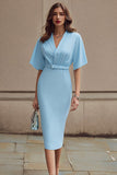 Midi Sky Blue Pencil Ruched Half Sleeves Work Dress with Belt