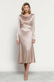 Midi Champagne Satin Cowl Neck Long Sleeves Work Dress
