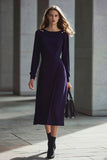 Midi Dark Purple Pencil Long Sleeves Work Dress with Buttons